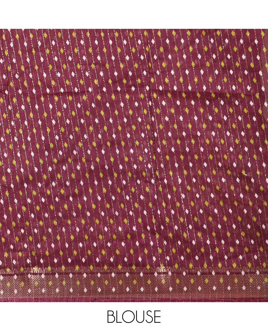 Purple zari striped & sunflower motifs printed dola silk saree, traditional zari border, ikkat printed pallu & printed blouse