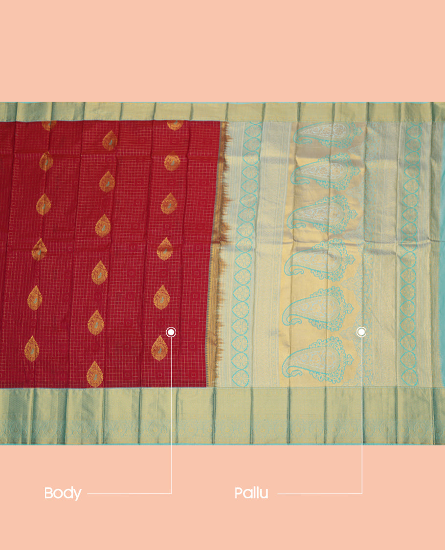 Red Budget Silk Saree, Embellished with Zari Buttas and Checks, a Contrast Traditional Zari Border, Grand Pallu, and a Contrast Blouse