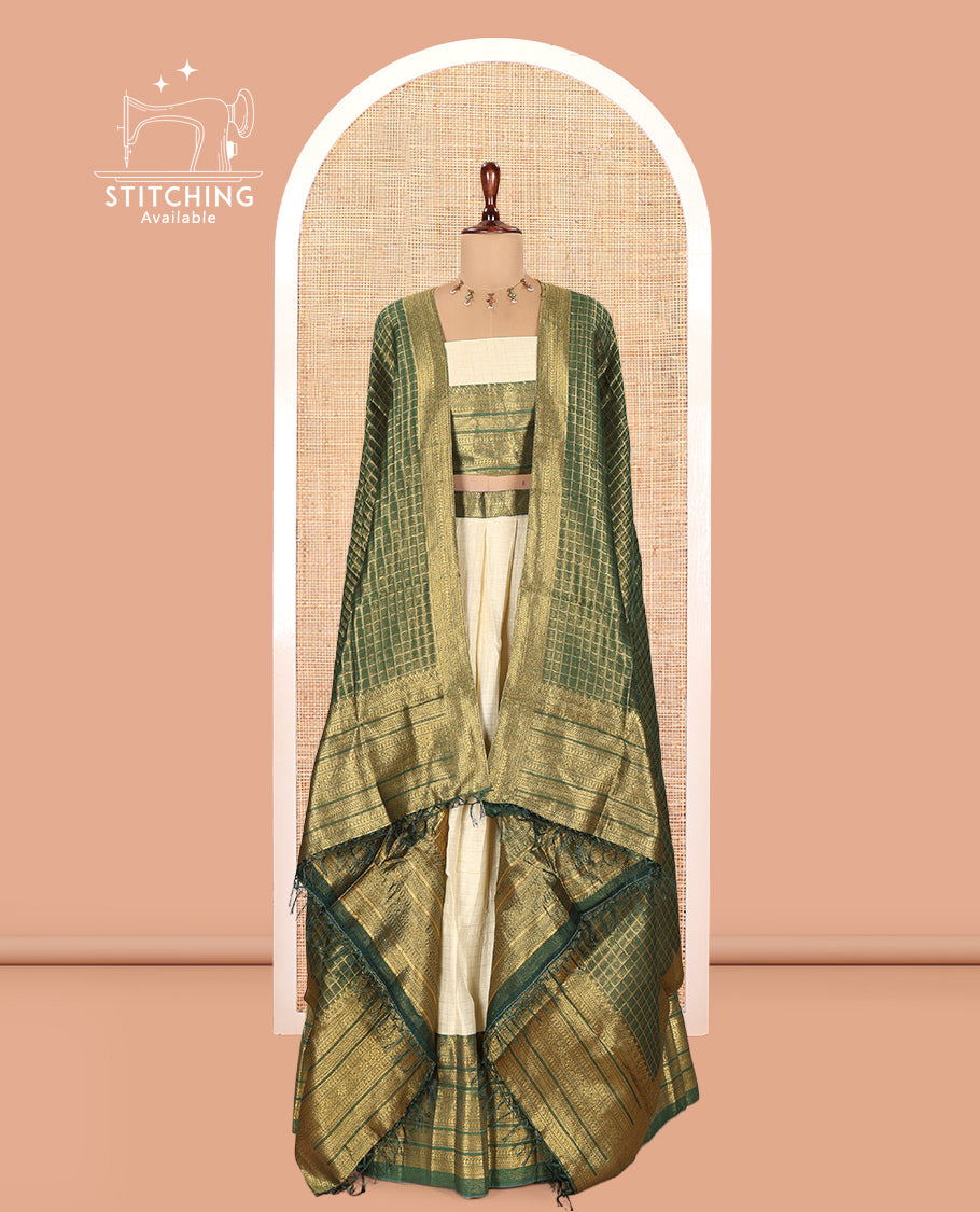 Cream-Green Semi-Silk Half-Saree