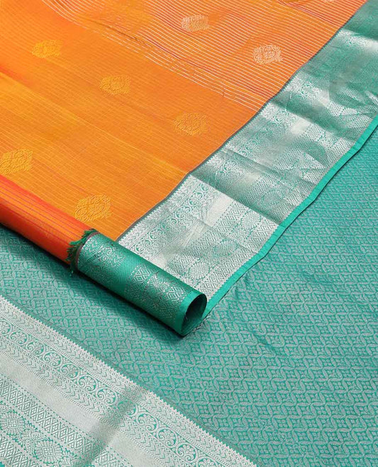 Orange striped, floral buttas vasundhara silk mix saree with contrast zari design border & argyle design pallu