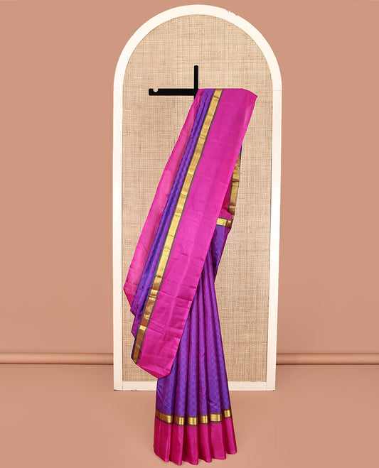 Blue-Pink Kanchipuram Silk Saree, Sparsely Woven with Paiyaadi Kattam on Its Body, Complemented by Contrast Kal Eragina Border of Rekku, and Vanki Designs, Zari-Striped Pallu, and Paired with a Contrast Blouse