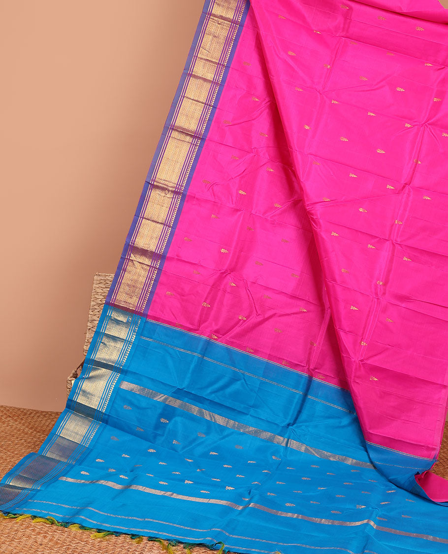 Pink floral buttas kancheepuram silk saree with contrast border of sombu, banaras , jaal designs & zari design pallu
