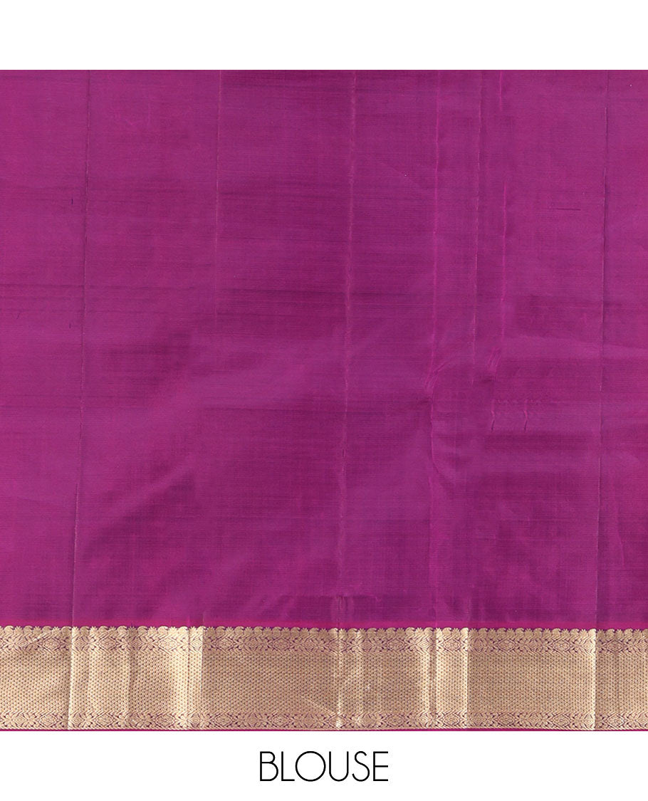 Blue Kanchipuram Silk Saree, Ornamented with Zari Checked Design on Its Body, Complemented by a Contrast Border of Manga, Rekku, Cross Kamalam, and Mayil Kann Designs, Grand Jaal Pallu, and Paired with a Contrast Blouse