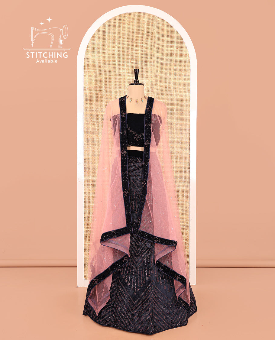 Pink Velvet Half-Saree, gleamed up with Swarovski Stonework Skirt, Matching Stonework Blouse, and Net Stonework Dhavani