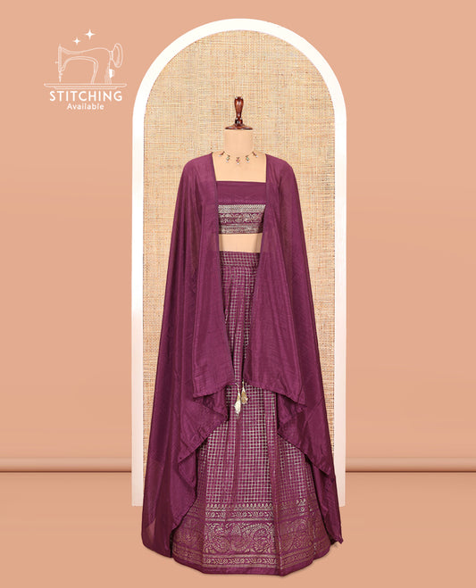 Purple Vichitra Silk Half Saree with Zari Checks, a Traditional Zari Border, Matching Blouse and a Dhavani