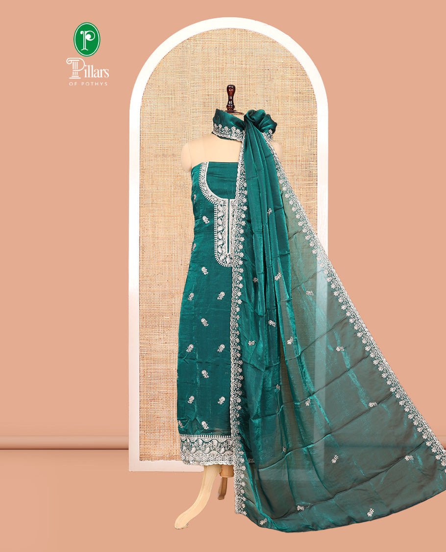 Peacock Green Fendi Organza Material Churidar Features Embroidered Top, a Santoon Bottom, a Scallop Embroidered Dupatta