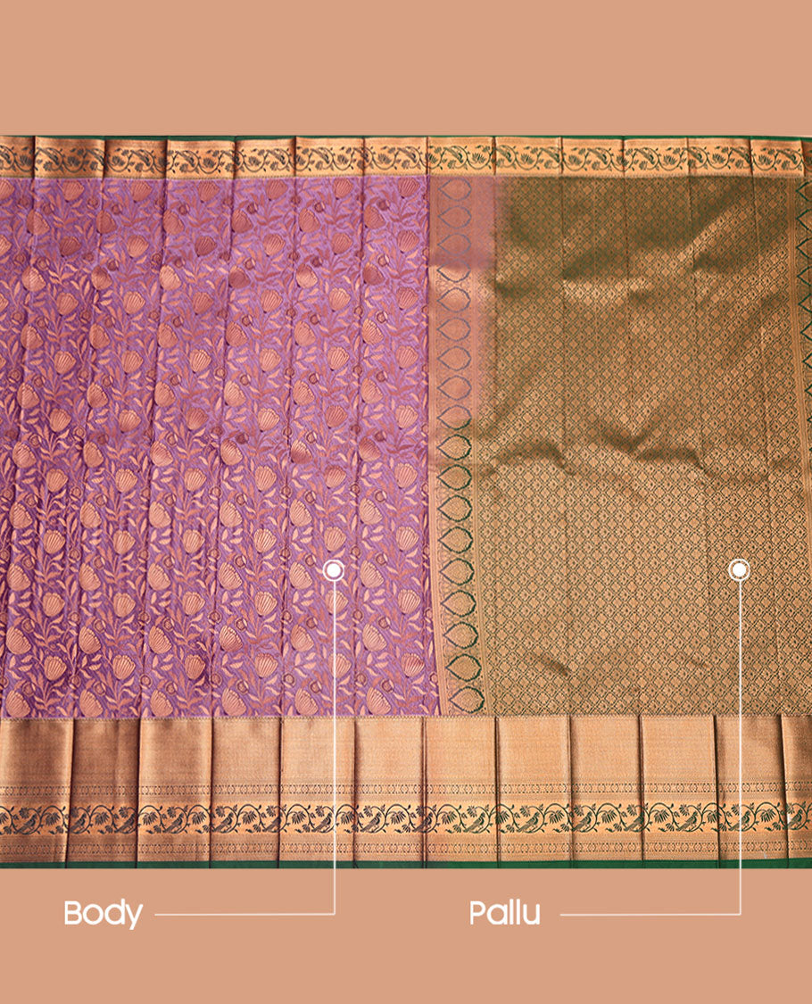 Purple Budget Silk Saree, Embellished with Jacquard, Complemented by a Contrast Traditional Zari Border, Jaal Pallu, and a Contrast Blouse