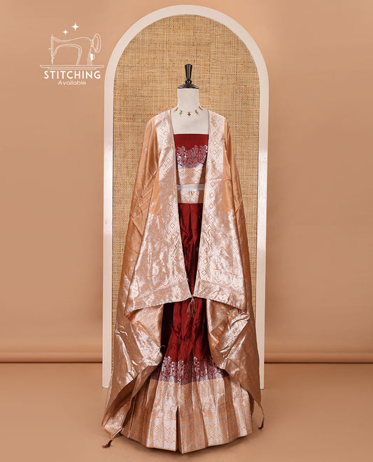 Maroon-peach taffeta silk half-saree, zari buttas & contrast floral-geometric zari border skirt, zari woven blouse & contrast zari woven dhavani