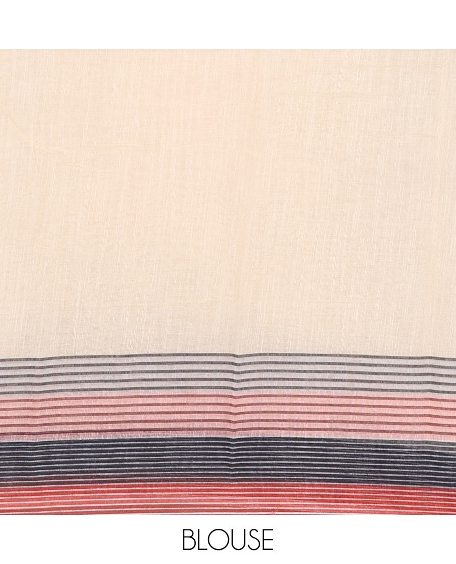 Cream full-plain linen saree, multi-color horizontal striped border, contrast striped pallu, and plain blouse