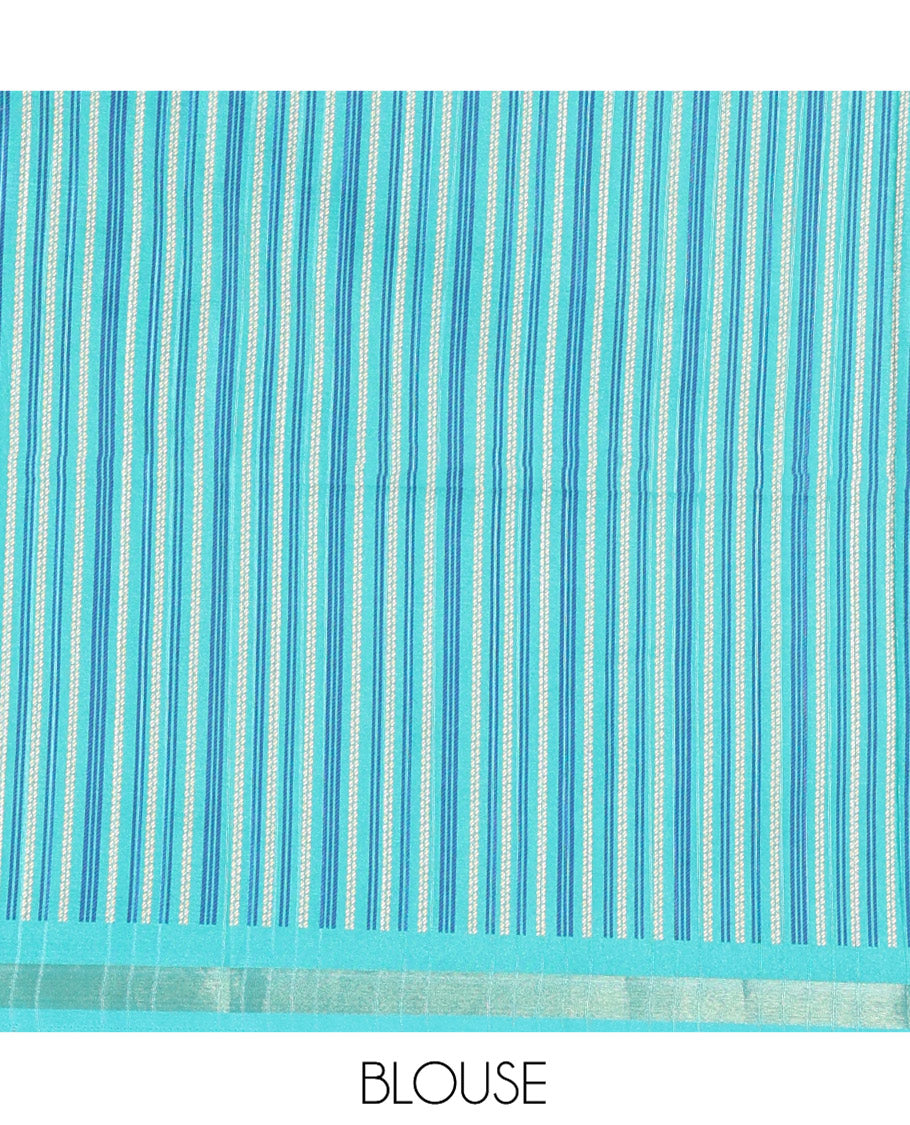 Blue Kathan Silk Saree Adorned with Buttas, Contrast Temple Border, Temple pallu, and Striped Blouse