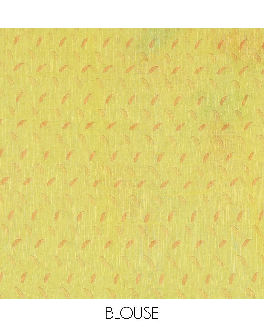 Light green colorful floral vine printed with mirror embroidered linen saree, contrast zari piping border, and contrast printed blouse