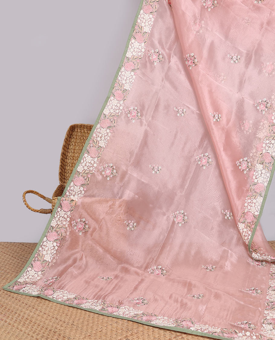Orange floral motifs embroidered semi-banaras organza saree & floral embroidered border