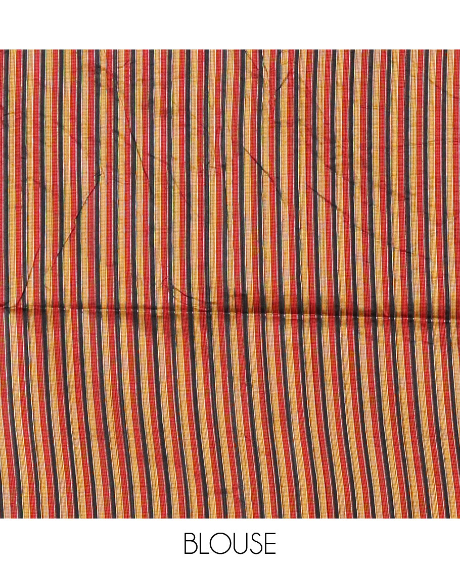 Black thread buttas woven jute cotton saree, multi-color temple border, striped pallu, and a matching striped blouse