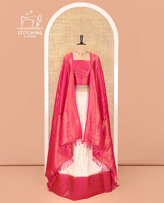 Cream-Magenta Banarasi Softy Half-Saree, Adorned with Jacquard, Contrast Traditional Border, Jacquard Blouse, Intricate Dhavani