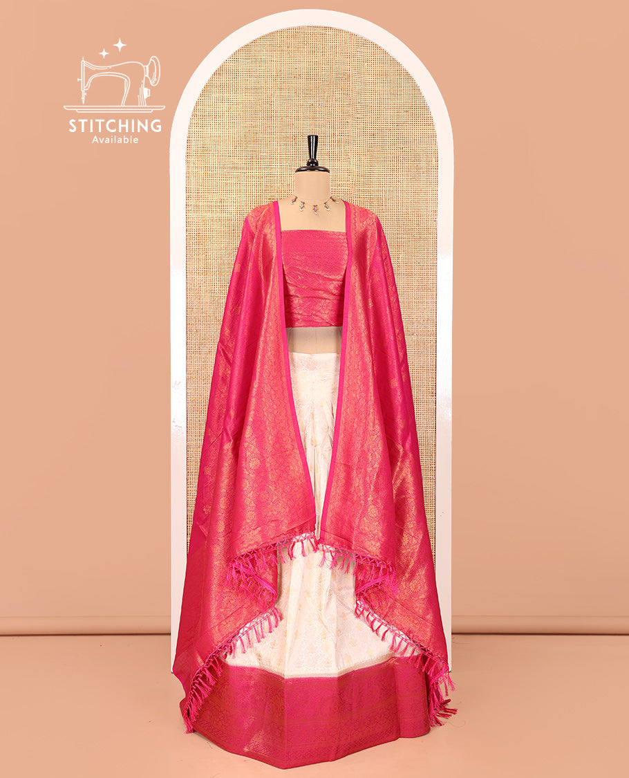 Cream-Magenta Banarasi Softy Half-Saree, Adorned with Jacquard, Contrast Traditional Border, Jacquard Blouse, Intricate Dhavani