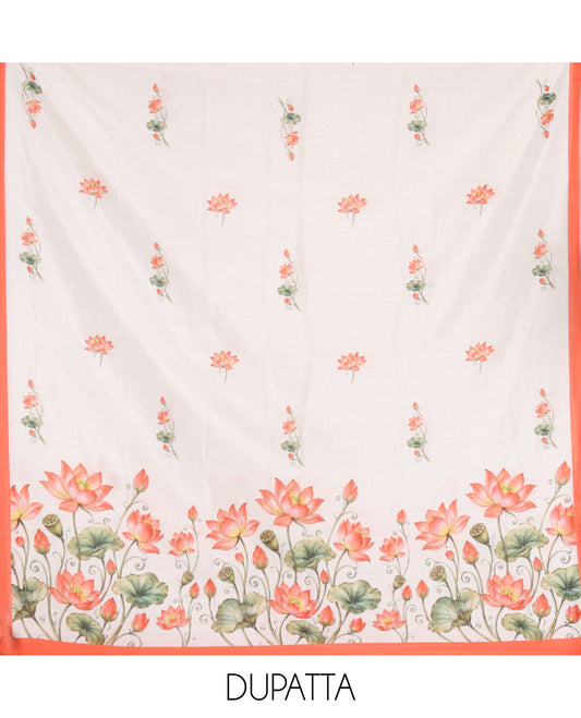 Cream-Peach Semi-Silk Material Chudidar, Lotus Printed Top, Matching Bottom, Lotus Printed Dupatta