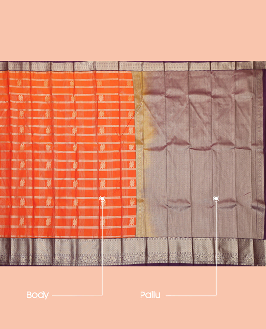 Orange Budget Silk Saree, Accentuated with Zari Buttas and Stripes, Complemented by Contrast Traditional Zari Border, a Jaal Pallu and a Contrast Blouse