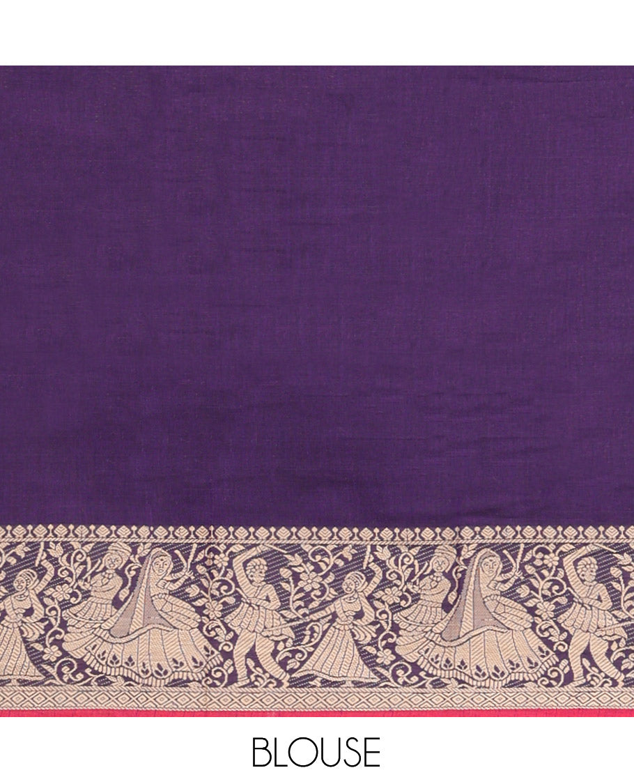 Violet Cotton Half-Saree Features Plain Skirt, a Contrast Dancing Human Figurines Border, a Matching Blouse, and a Contrast Dhavani