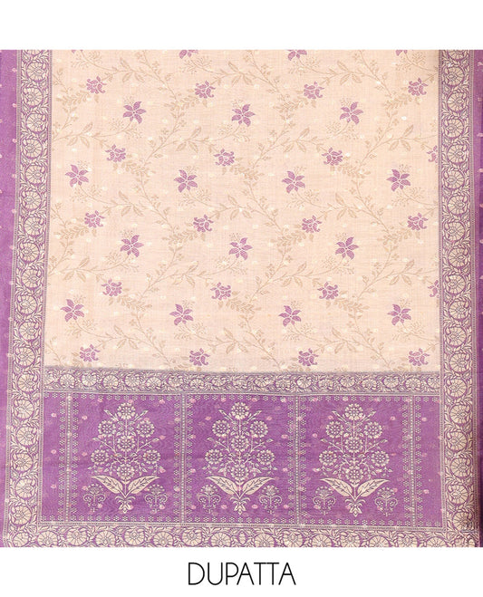 Dark Purple Chanderi Tissue Material Chudiddar, Buttas Neckwork Top, Plain Bottom, Contrast Floral Dupatta