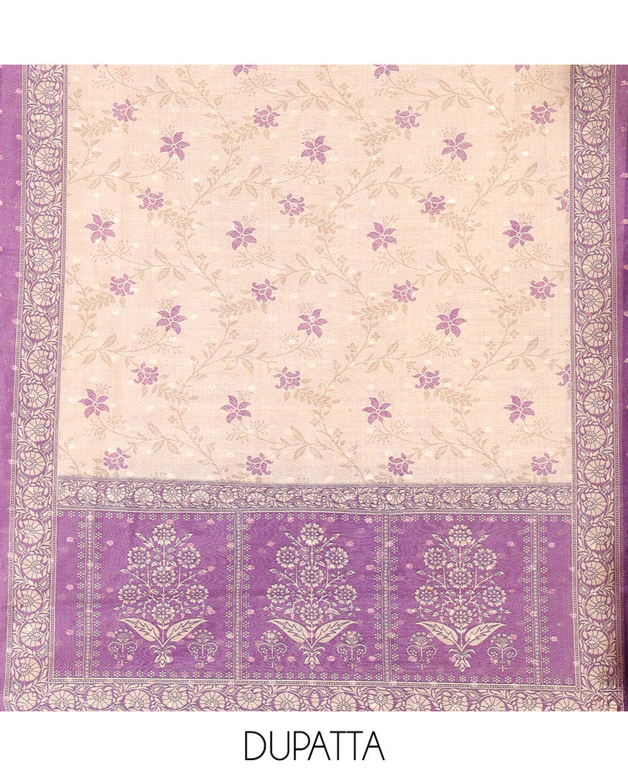 Dark Purple Chanderi Tissue Material Chudiddar, Buttas Neckwork Top, Plain Bottom, Contrast Floral Dupatta