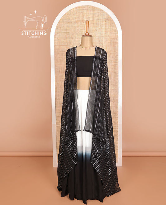 White & black  georgette half saree with plain blouse & striped dhavani