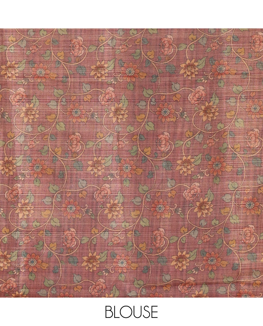 Baby pink rainbow-striped mercerised tissue saree, madhubani-style peacocks print pallu & kalamkari floral vine print pallu