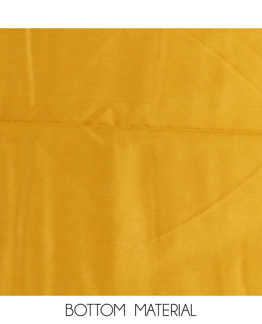 Cream with yellow semi-chanderi material churidar set, floral jaal jacquard top, contrast taffeta silk bottom, and jamdani style dupatta