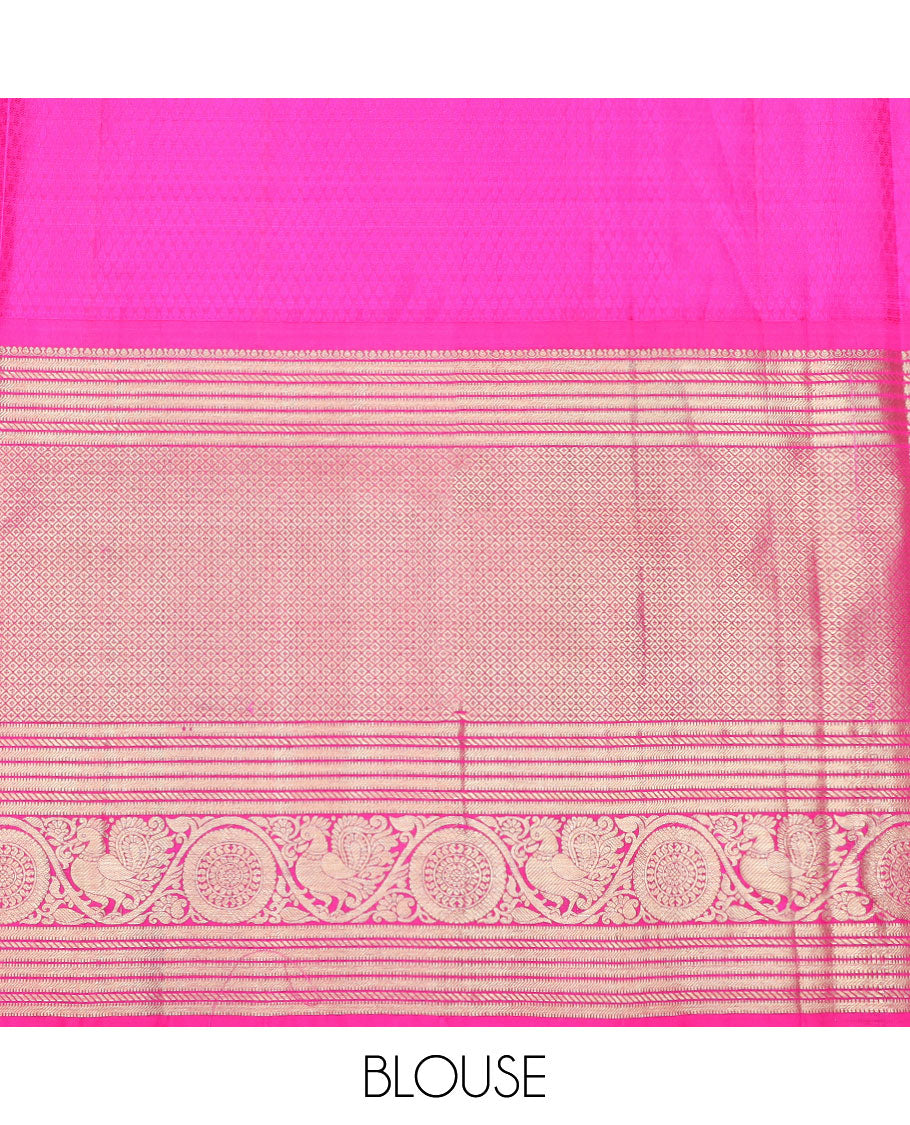 Blue buttas silk half saree with contrast border of intricate zari design, zari design blouse & floral design dhavani