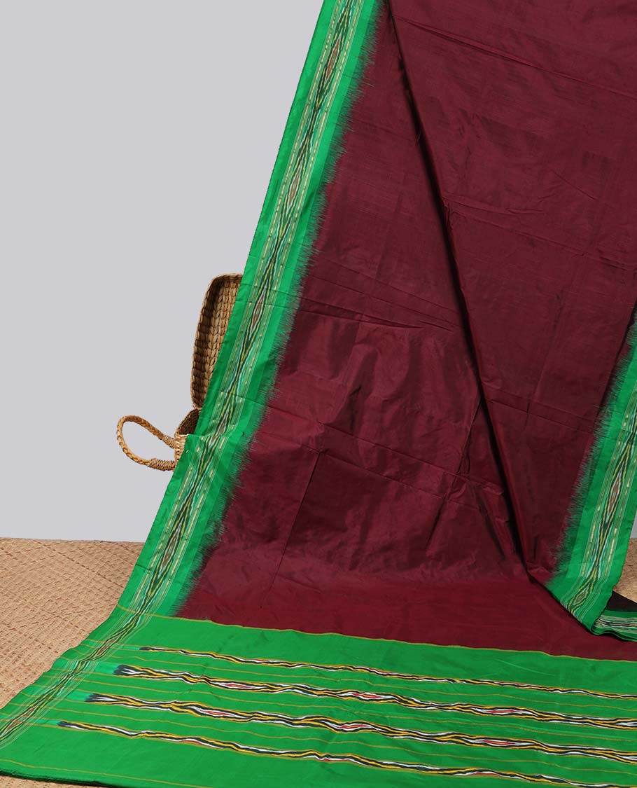 Maroon ikkat silk saree with contrast striped border & striped design pallu