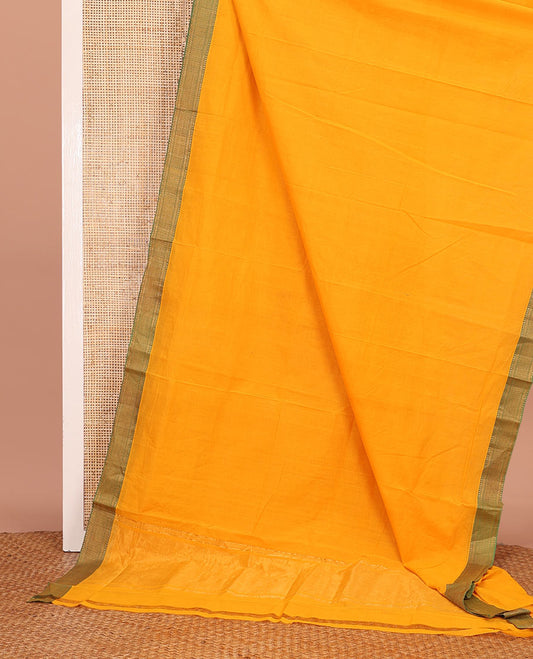 Yellow Plain Mangalagiri Cotton Saree, Complemented by Contrast Traditional Zari Design Border, Gleaming Zari Pallu, and Paired with a Matching Blouse