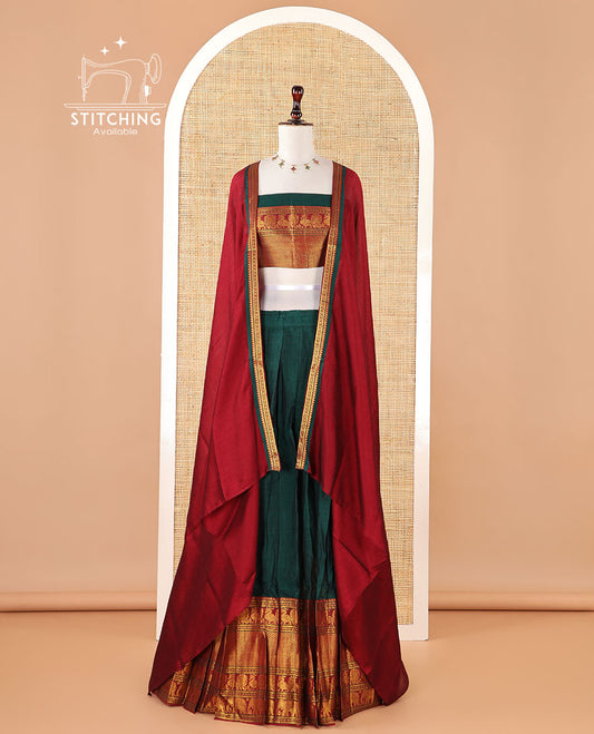 Green mercerised cotton zari border half saree with cotton blouse &amp; skya georgette one side zari border dhavani
