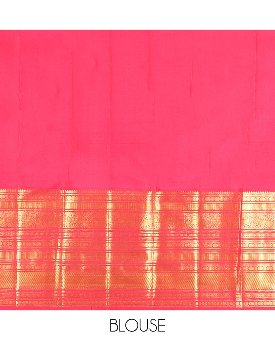 Yellow Kanchipuram Silk Saree, Embellished with Manga Buttas, a Contrast Korvai Border of Thilakam Mokku, Chakram, Then Kuli Kann, Kuthirai, and Poun Designs, Jaal Pallu, and a Contrast Blouse