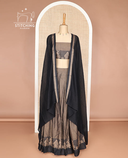 Grey cotton half saree with contrast wedding design border, wedding design blouse & plain dhavani