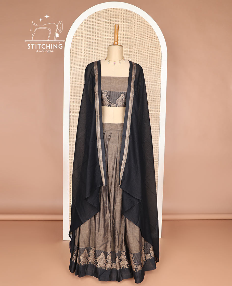Grey cotton half saree with contrast wedding design border, wedding design blouse & plain dhavani