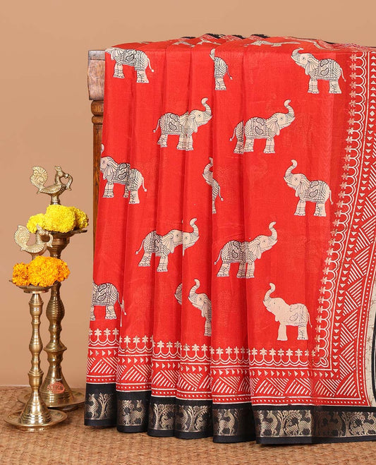 Red elephant motifs hand-block printed Assam cotton saree,contrast deer & tree zari border, floral print pallu & floral print blouse
