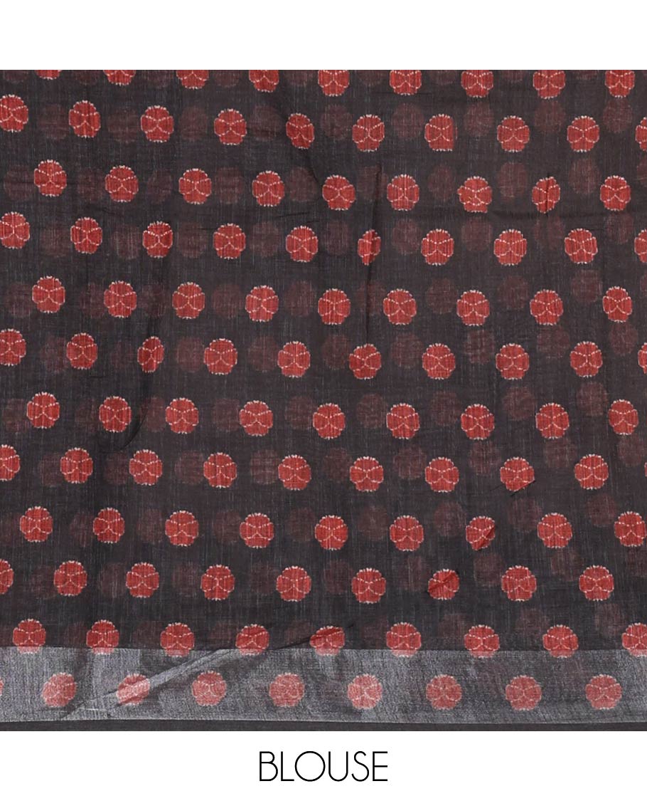 Chikku elephant motifs printed linen cotton saree, contrast temple printed checked border, ikkat style floral printed pallu, and a contrast floral printed blouse