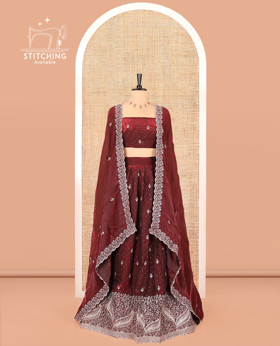 Maroon Fendi Organza Half-Saree, with Embroidered Buttas on Its Skirt, Embroidered Scallop Border, Paired with a Matching Blouse, and an Embroidered Fendi Organza Scallop Dhavani