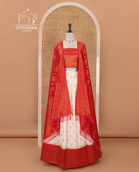 Cream semi-banaras half-saree, zari buttas & contrast Swarovski stonework traditional border skirt, jacquard blouse & contrast jaal jacquard red dhavani