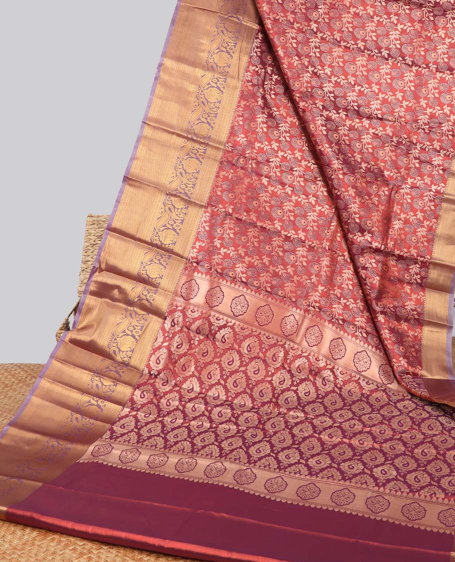 Red floral vine design budget silk saree with contrast zari design border & paisley zari design pallu