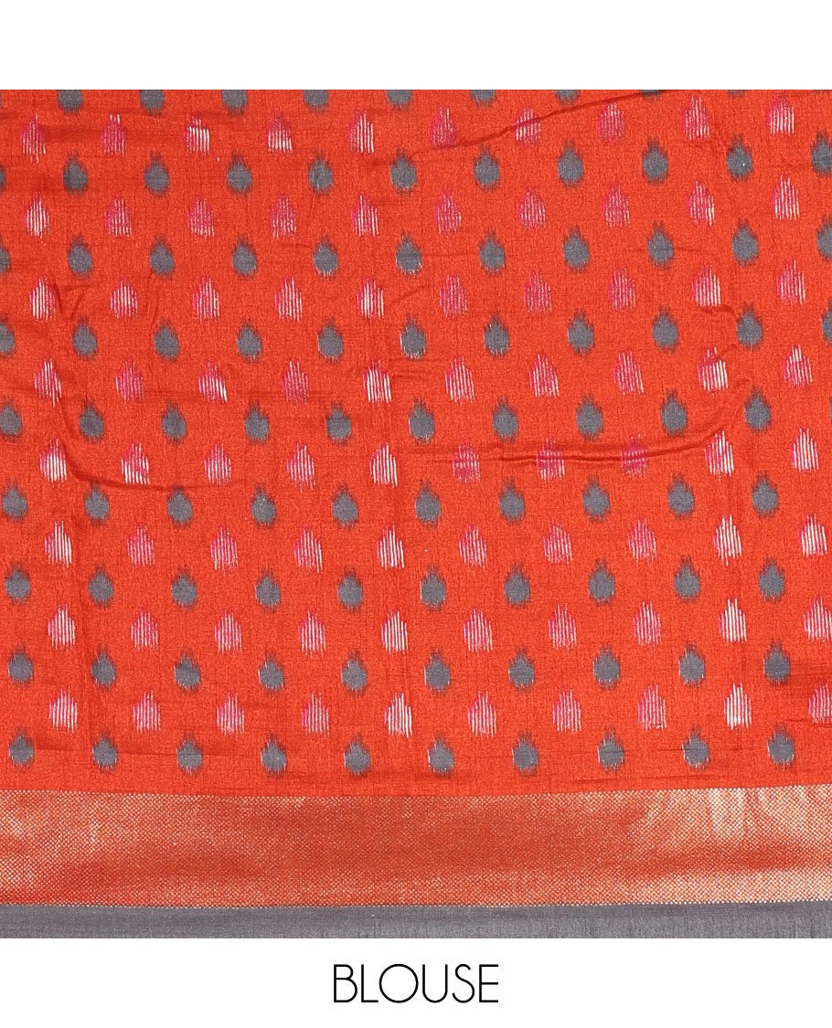 Grey pochampally style floral, and peacock printed dola silk saree, zari border, pallu of ikkat designs, and contrast ikkat motifs blouse