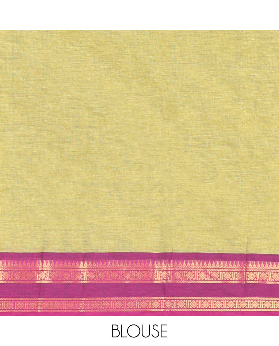 Green Plain Chettinad Cotton Saree, Complemented by a Contrast Rettai Pettu Traditional Zari Border, Striped Pallu, and a Matching Blouse