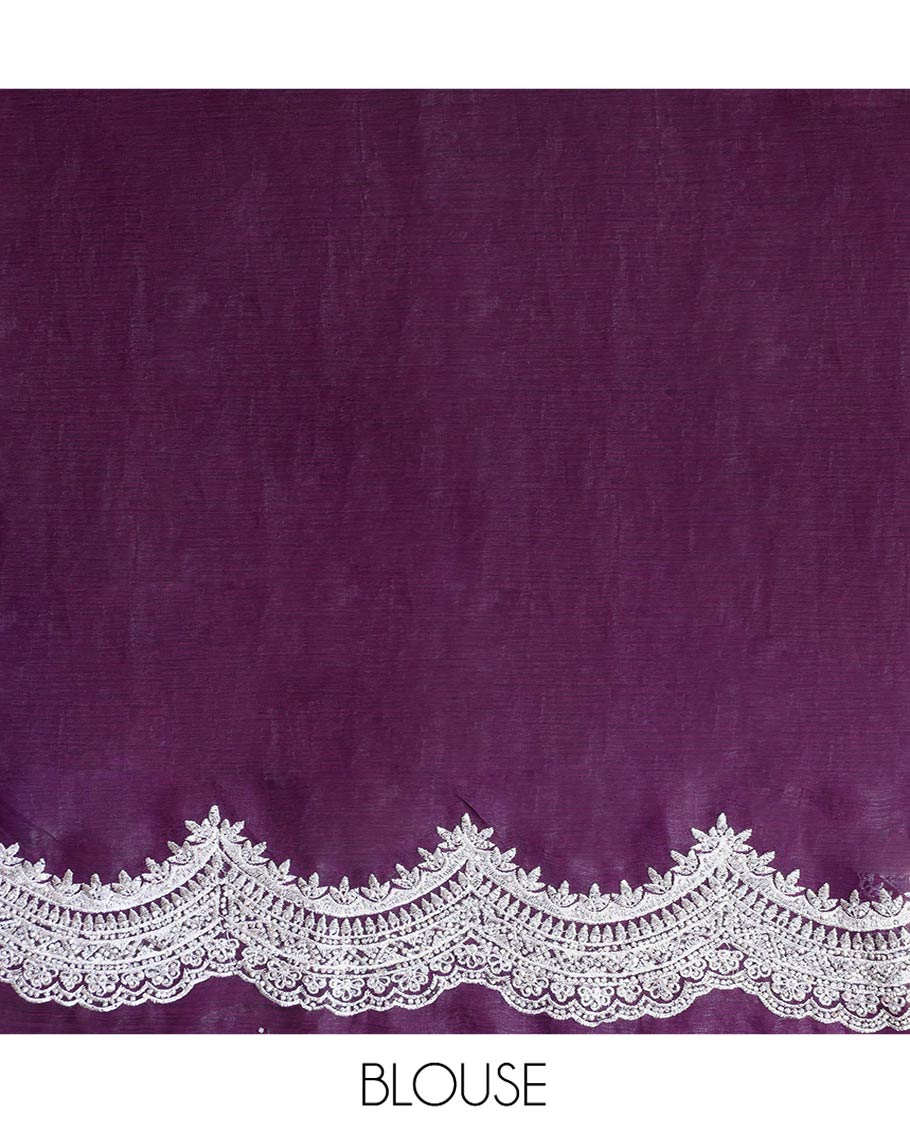 Purple Designer Saree, Prettified with Detailed Embroidered Buttas on Its Body, Highlighted by a Scallop Embroidered Border, Self-Design Pallu, and Paired with a Matching Blouse