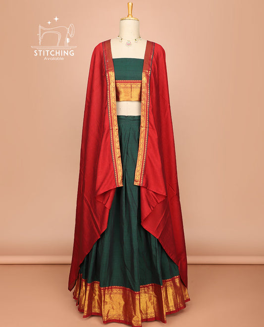 Dark green cotton half saree with contrast traditional zari design border, zari design blouse & plain, floral design border dhavani
