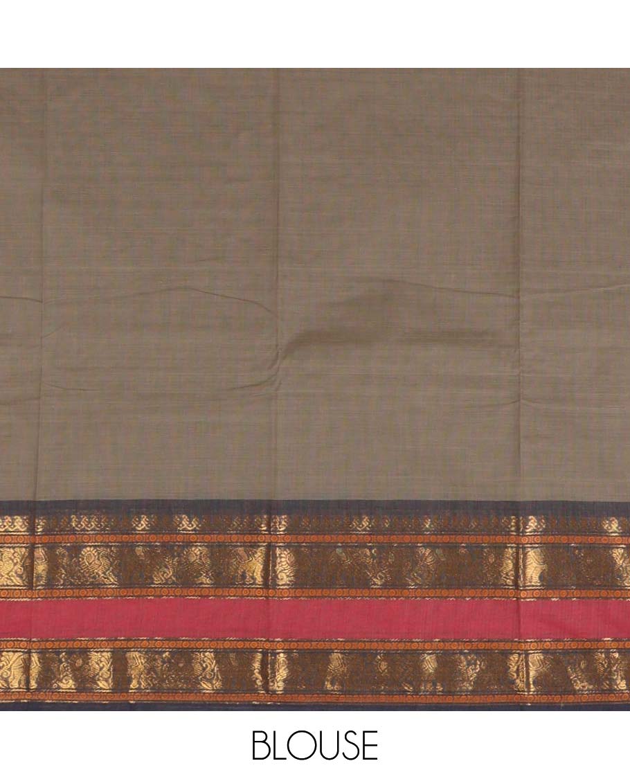 Grey zari buttas Chettinad cotton saree, contrast rettai pettu traditional zari border, striped pallu & blouse of zari border