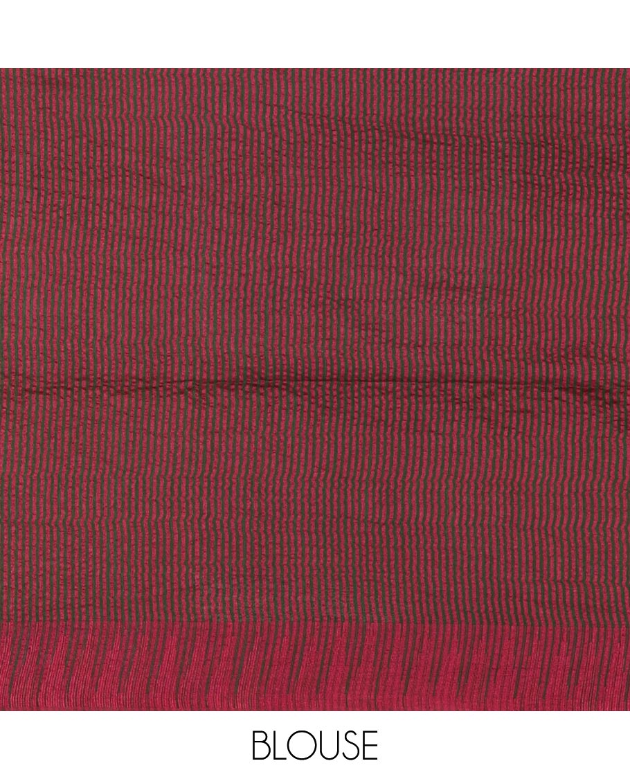 Green plain staple cotton saree, contrast temple border, striped pallu & vertical striped blouse