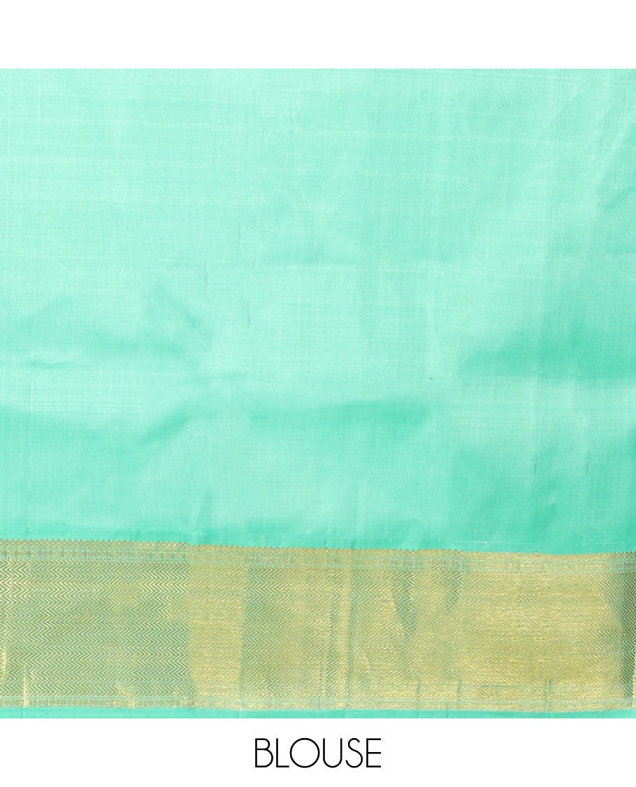 Blue buttas kancheepuram silk saree with contrast korvai intricate zari design & striped zari design pallu