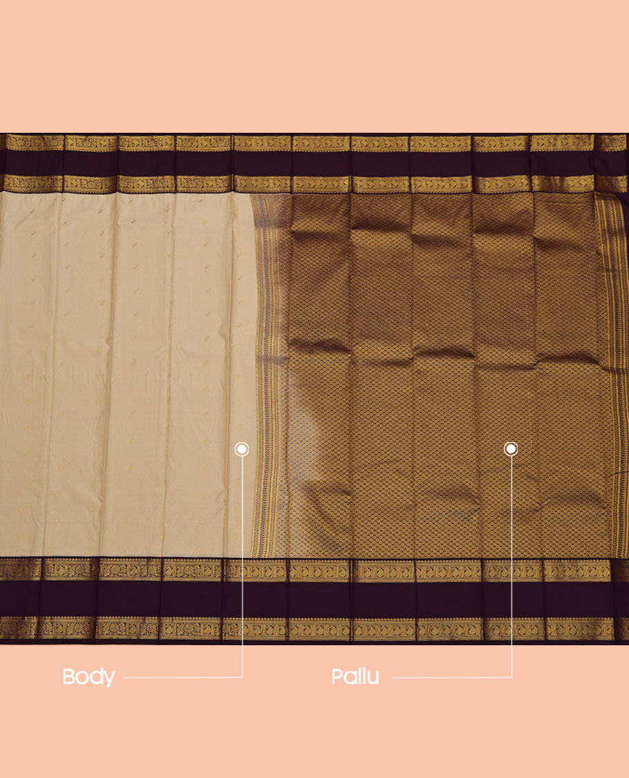 Beige Budget Silk Saree, Subtly Sparkled with Zari Buttas on Its Body, Complemented by Contrast Traditional Zari Design Rettai Pettu Border, Grand Jaal Pallu, and Paired with a Contrast Blouse