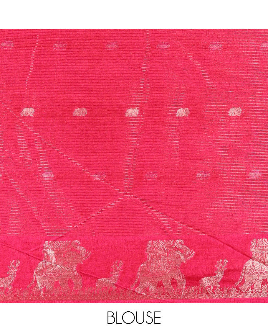 Half-white zari stripes and buttas dola silk saree, contrast pink-purple Ganga-Jamuna temple elephant motifs border, paisleys printed pallu, and contrast elephant buttas blouse