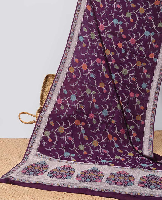 Purple floral vine design matka silk saree with self zari border & pallu of intricate zari design