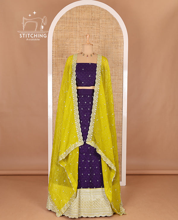 Violet half-saree, floral motifs embroidered semi raw silk top, matching embroidered blouse, and contrast scallop embroidered georgette dhavani